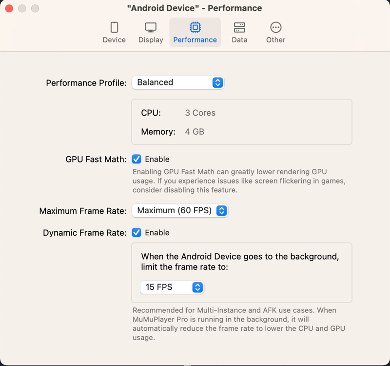 MuMuPlayer Pro Performance settings