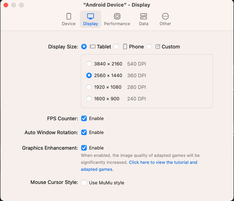 MuMuPlayer Pro display settings