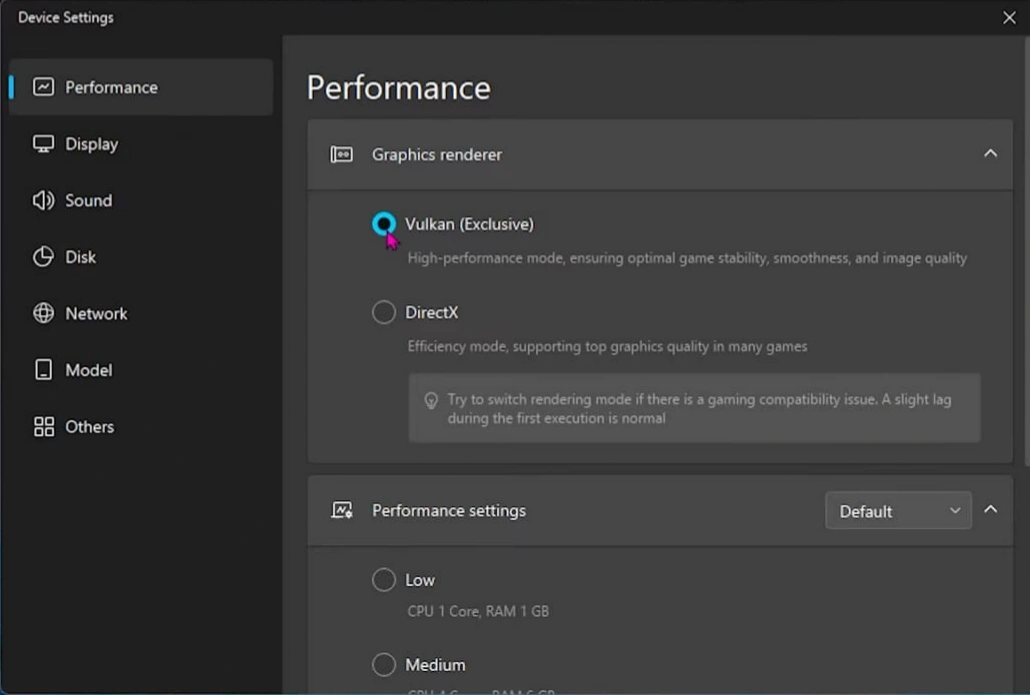 Performance settings
